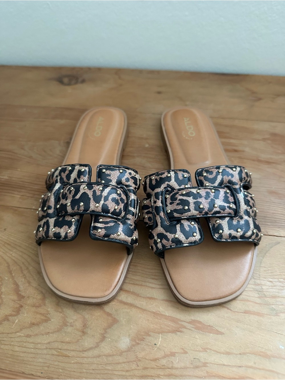 Aldo Black and Brown Leopard Slide Mules